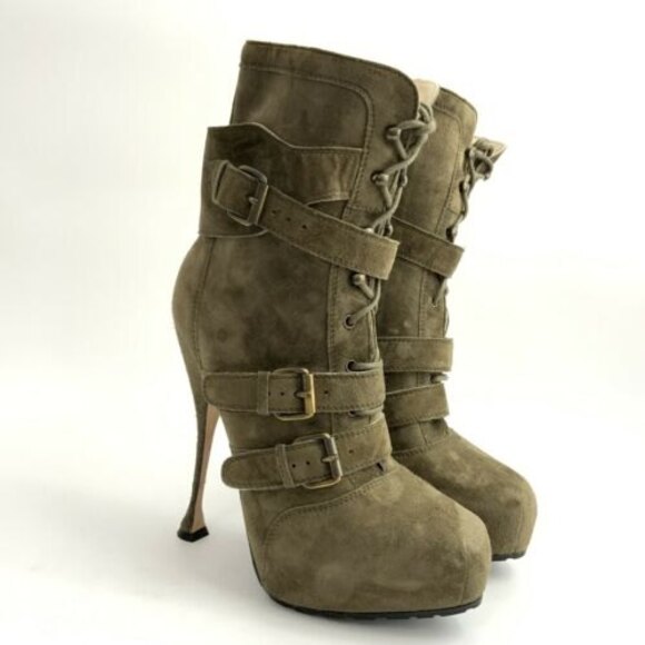 Brian Atwood All Leather Niki Platform Boots Green Military Ankle 38 - Picture 16 of 16